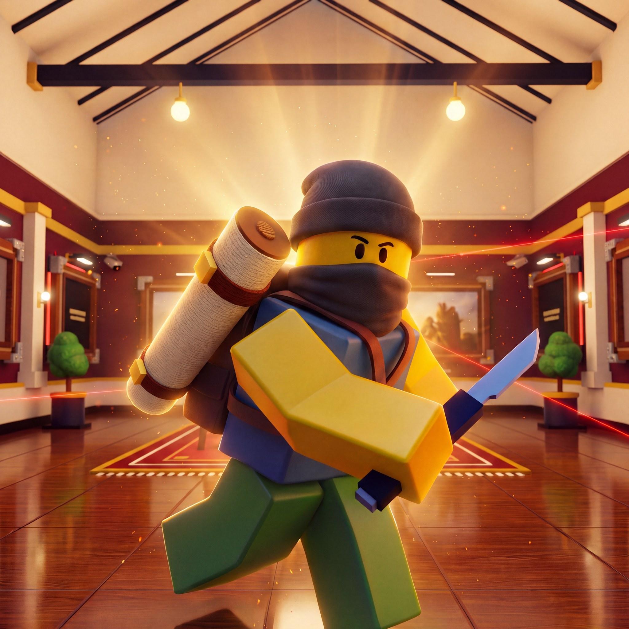 Steal a Painting game icon: the masked thief running through the gallery, blade in hand.