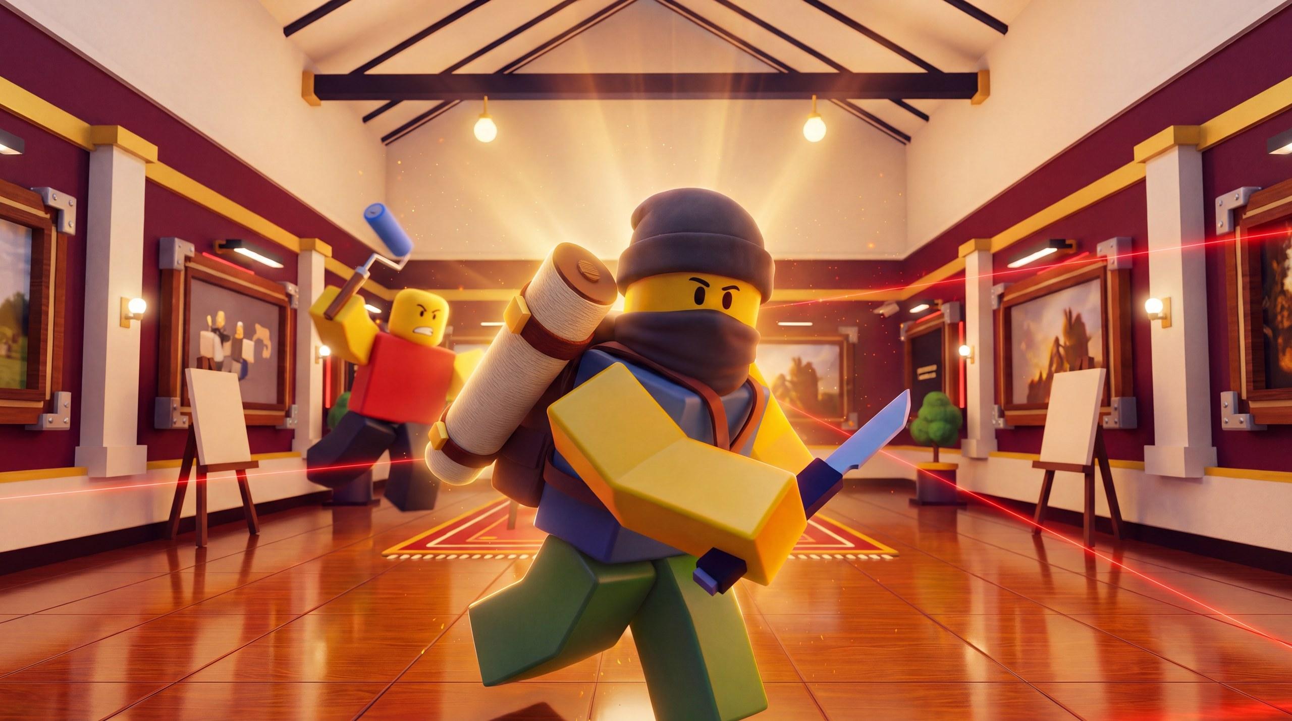 The thief runs through a red-and-gold gallery with a rolled canvas on his back while a guard chases with a paint roller.