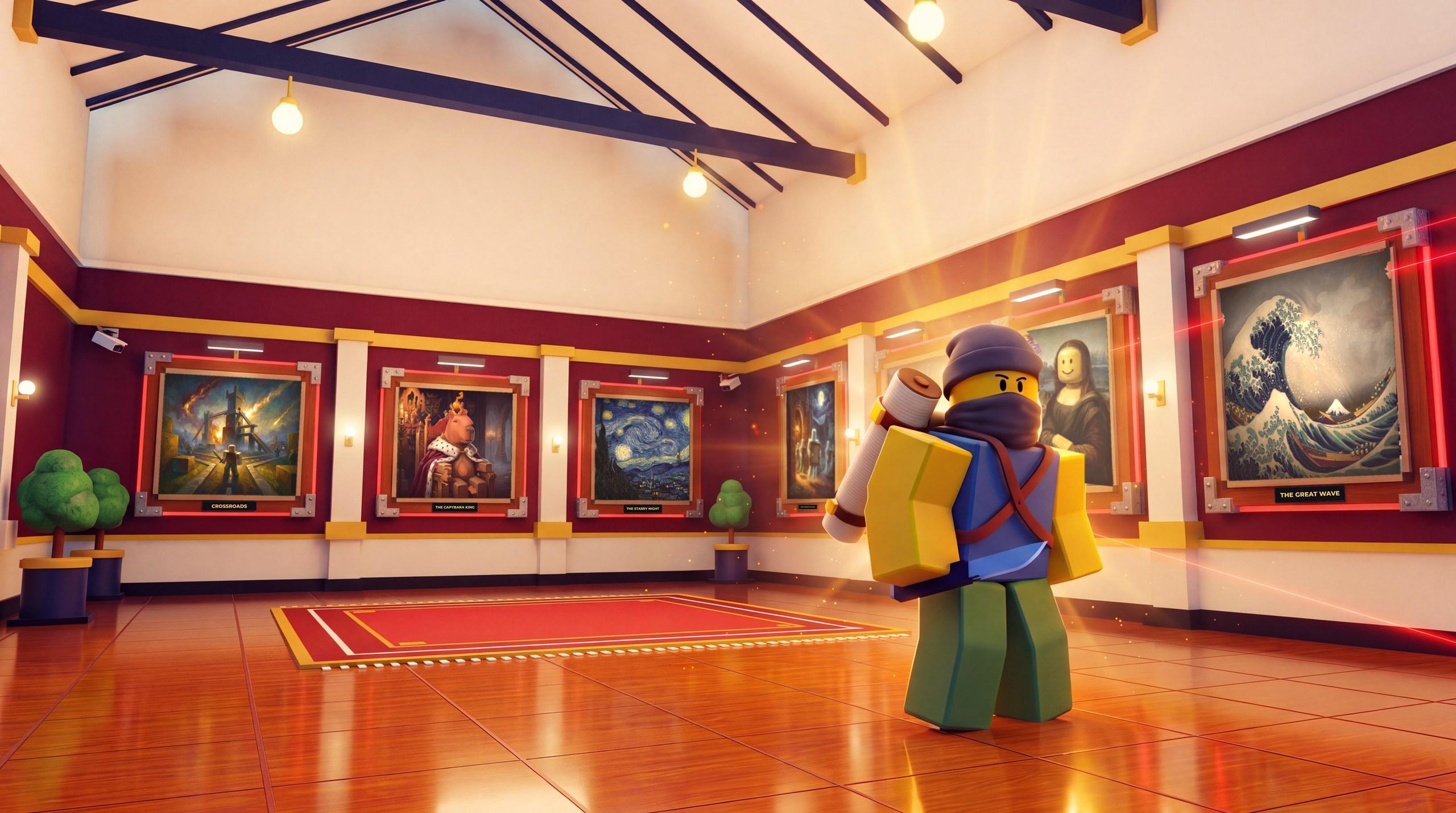 A wide gallery hung with parody masterpieces: Crossroads, The Capybara King, The Starry Night, the Mona Lisa and The Great Wave.